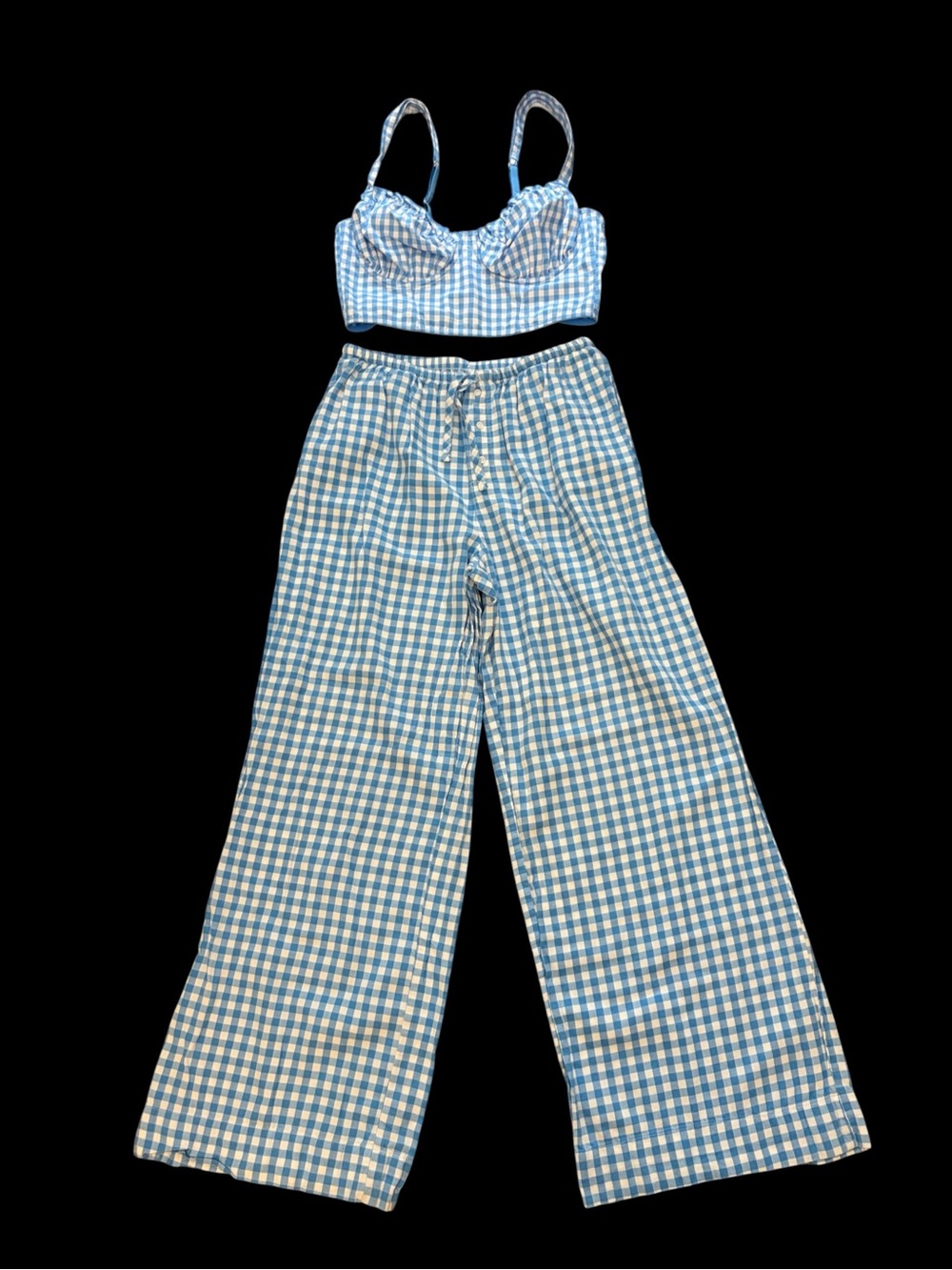 Colsie Cottage Gingham Blue Wide-Leg Pants & Cropped Bustier Set Size S/M